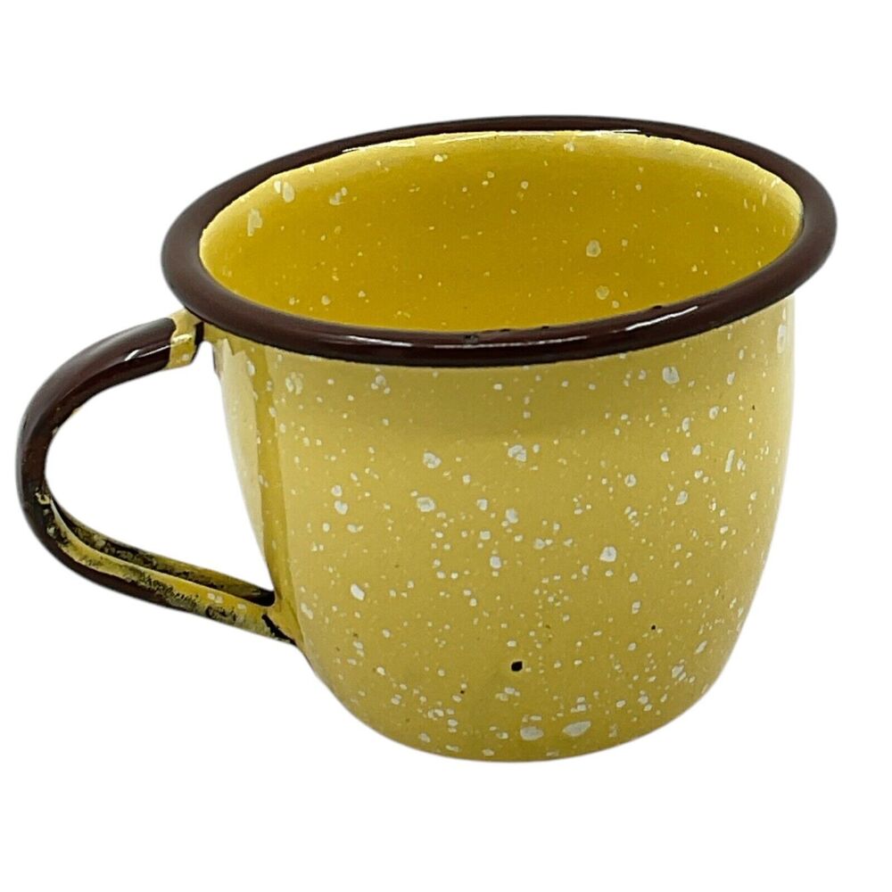 Childs Yellow Brown Rim Graniteware Coffee Cup Enamel‎ Speckled Vintage Kitchen